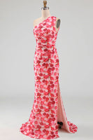 Load image into Gallery viewer, Pink Mermaid One Shoulder Floral Ruched Long Formal Dress with Slit