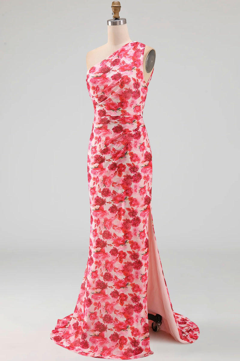 Load image into Gallery viewer, Pink Mermaid One Shoulder Floral Ruched Long Formal Dress with Slit
