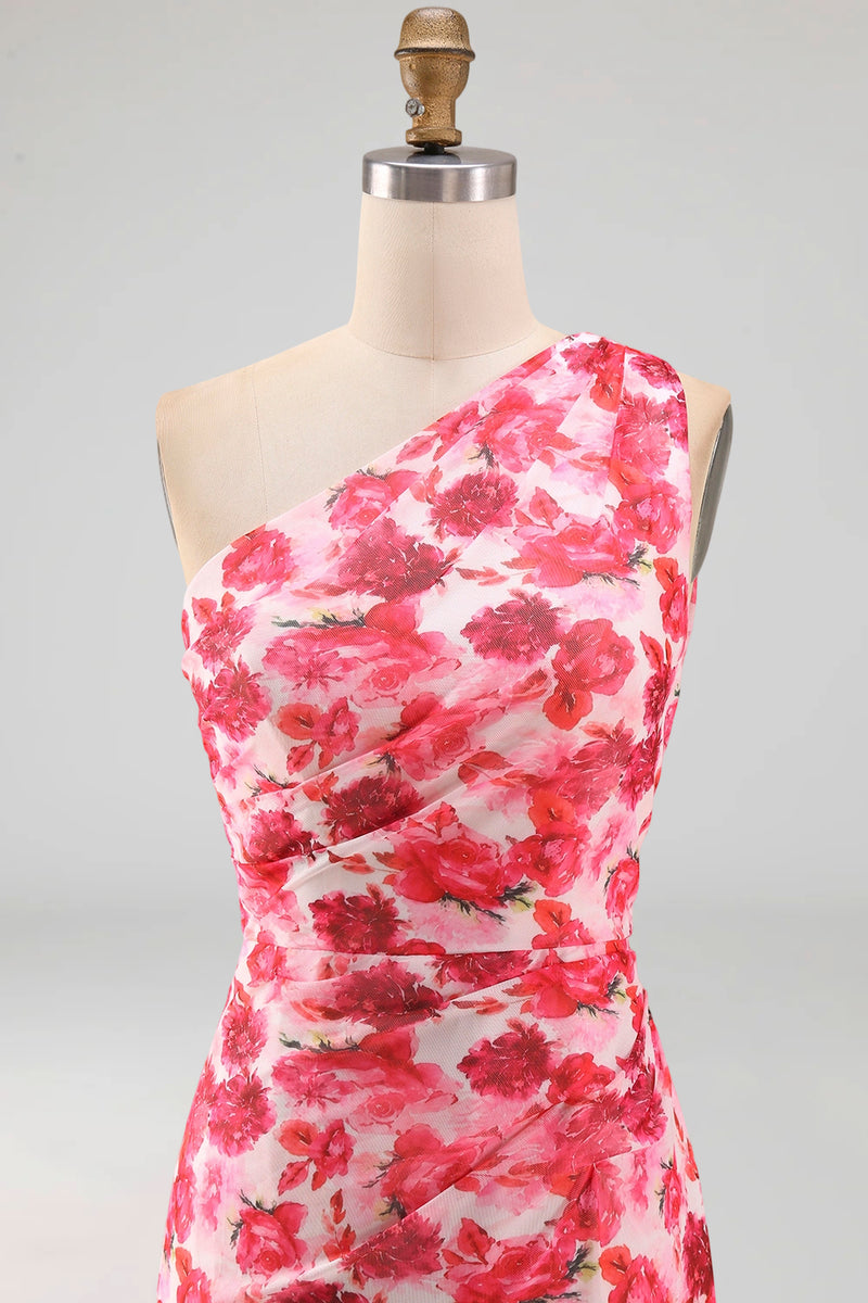 Load image into Gallery viewer, Pink Mermaid One Shoulder Floral Ruched Long Formal Dress with Slit