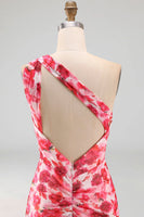 Load image into Gallery viewer, Pink Mermaid One Shoulder Floral Ruched Long Formal Dress with Slit