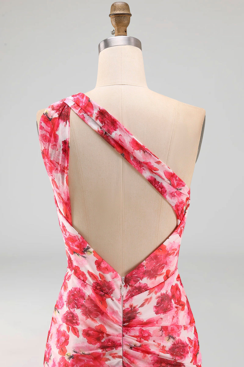 Load image into Gallery viewer, Pink Mermaid One Shoulder Floral Ruched Long Formal Dress with Slit