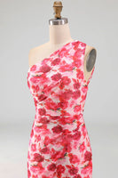 Load image into Gallery viewer, Pink Mermaid One Shoulder Floral Ruched Long Formal Dress with Slit
