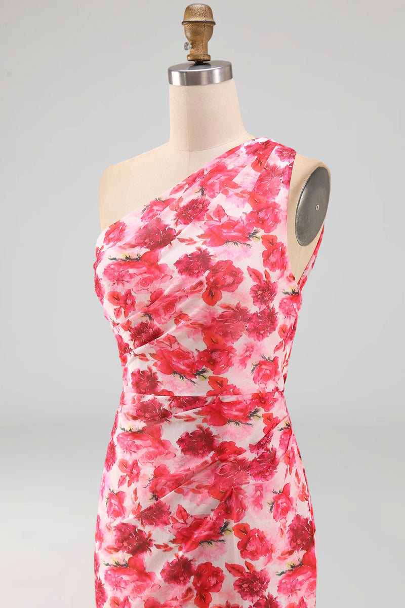 Load image into Gallery viewer, Pink Mermaid One Shoulder Floral Ruched Long Formal Dress with Slit