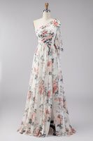 Load image into Gallery viewer, Ivory Ruched One Shoulder Floral A Line Long Formal Dress with Slit