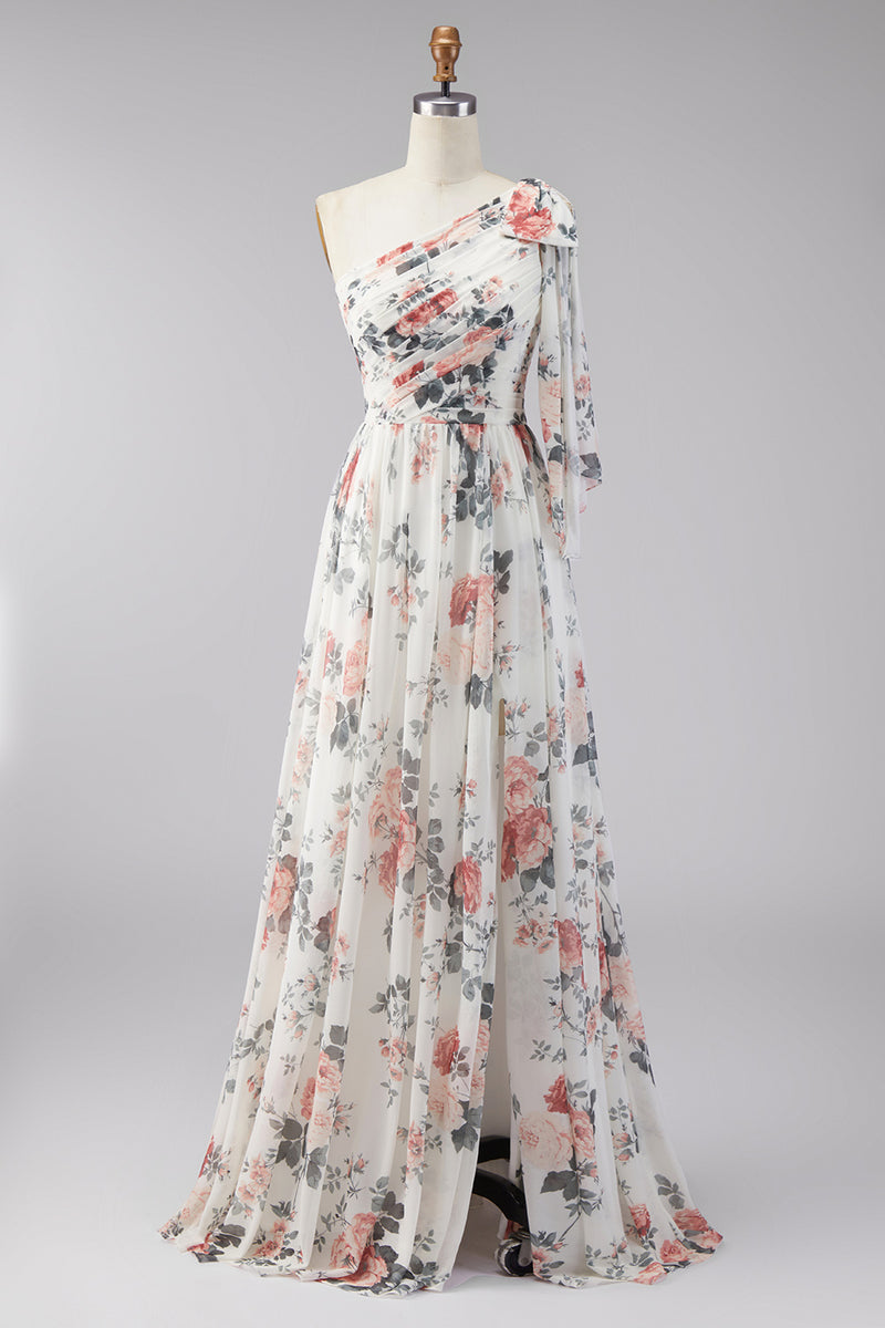 Load image into Gallery viewer, Ivory Ruched One Shoulder Floral A Line Long Formal Dress with Slit