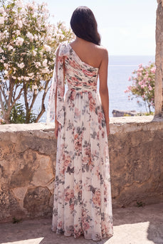 Ivory Ruched One Shoulder Floral A Line Long Formal Dress with Slit