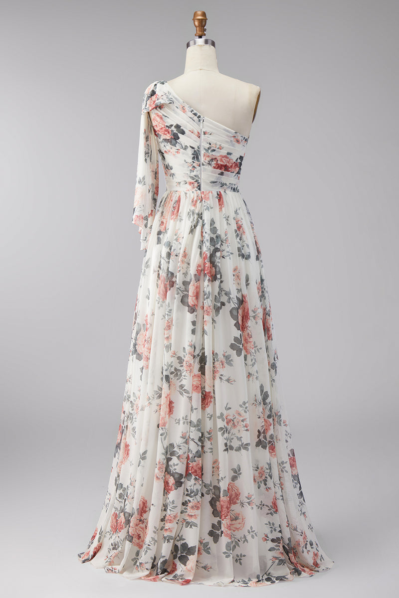 Load image into Gallery viewer, Ivory Ruched One Shoulder Floral A Line Long Formal Dress with Slit