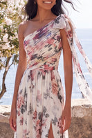 Load image into Gallery viewer, Ivory Ruched One Shoulder Floral A Line Long Formal Dress with Slit