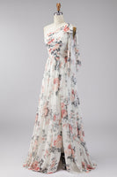 Load image into Gallery viewer, Ivory Ruched One Shoulder Floral A Line Long Formal Dress with Slit