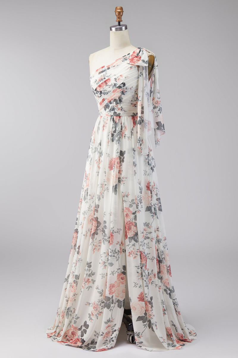 Load image into Gallery viewer, Ivory Ruched One Shoulder Floral A Line Long Formal Dress with Slit