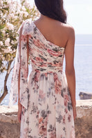 Load image into Gallery viewer, Ivory Ruched One Shoulder Floral A Line Long Formal Dress with Slit