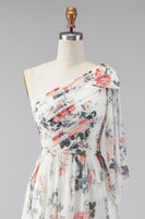 Load image into Gallery viewer, Ivory Ruched One Shoulder Floral A Line Long Formal Dress with Slit