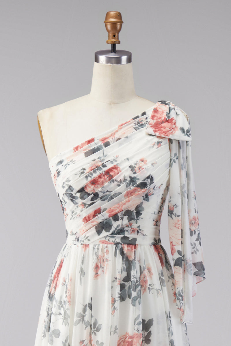 Load image into Gallery viewer, Ivory Ruched One Shoulder Floral A Line Long Formal Dress with Slit