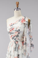 Load image into Gallery viewer, Ivory Ruched One Shoulder Floral A Line Long Formal Dress with Slit