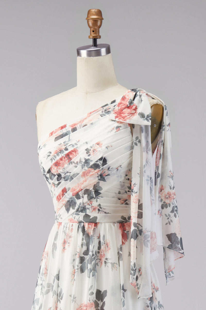 Load image into Gallery viewer, Ivory Ruched One Shoulder Floral A Line Long Formal Dress with Slit