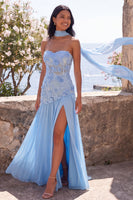 Load image into Gallery viewer, Blue Floral Strapless A Line Long Formal Dress with Slit