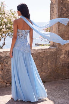 Blue Floral Strapless A Line Long Formal Dress with Slit