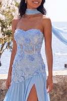 Load image into Gallery viewer, Blue Floral Strapless A Line Long Formal Dress with Slit