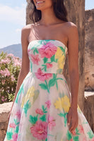 Load image into Gallery viewer, Daffodil Pink Flower Strapless A Line Long Formal Dress