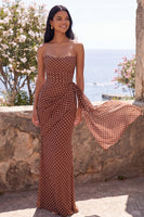 Load image into Gallery viewer, Strapless Brown and White Polka Dots Mermaid Long Formal Dress with Side Cape