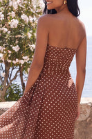 Load image into Gallery viewer, Strapless Brown and White Polka Dots Mermaid Long Formal Dress with Side Cape