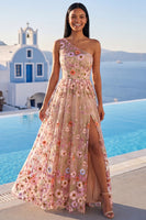 Load image into Gallery viewer, Champagne Floral One Shoulder A Line Long Formal Dress with Slit