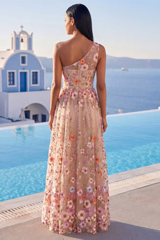 Champagne Floral One Shoulder A Line Long Formal Dress with Slit