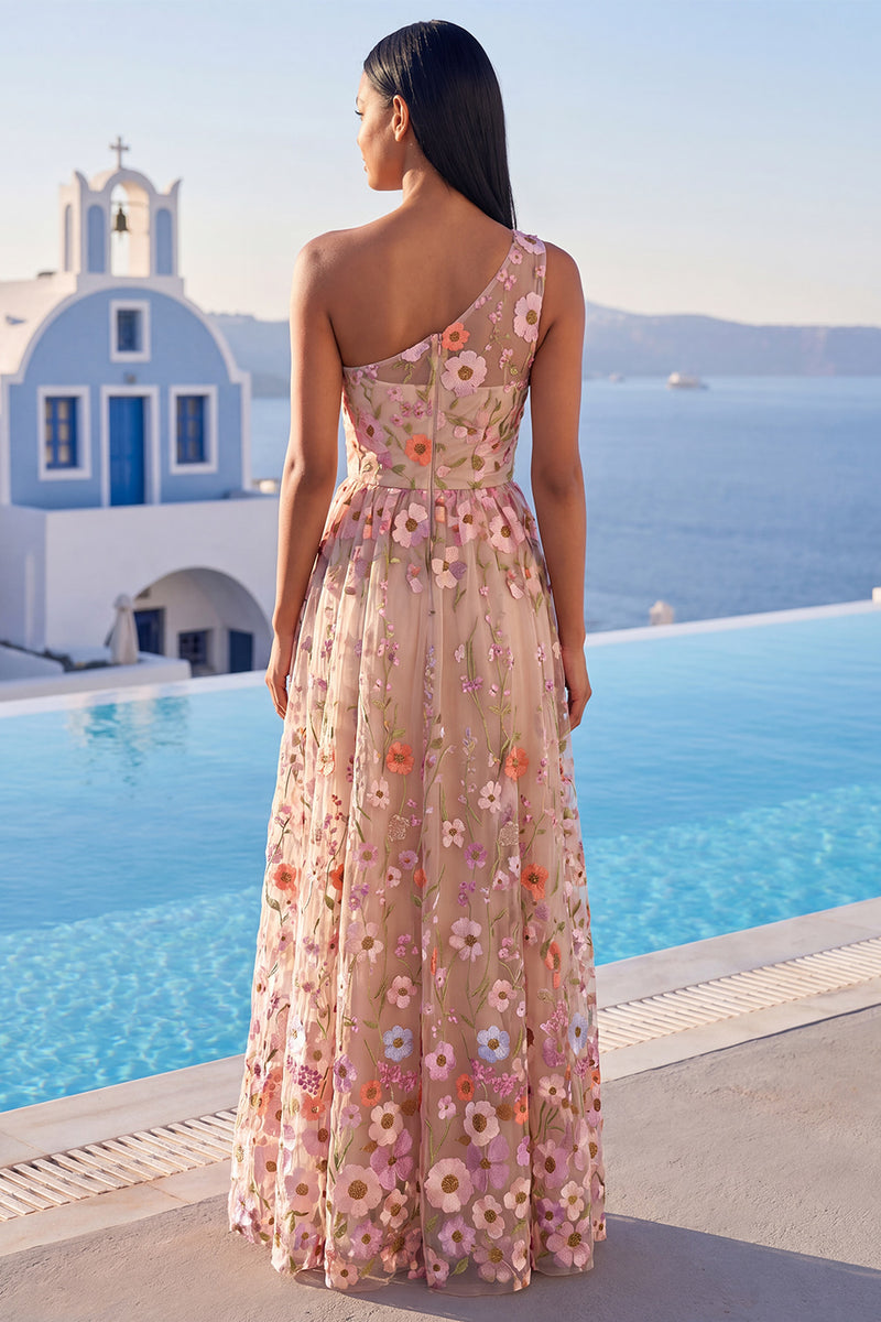 Load image into Gallery viewer, Champagne Floral One Shoulder A Line Long Formal Dress with Slit