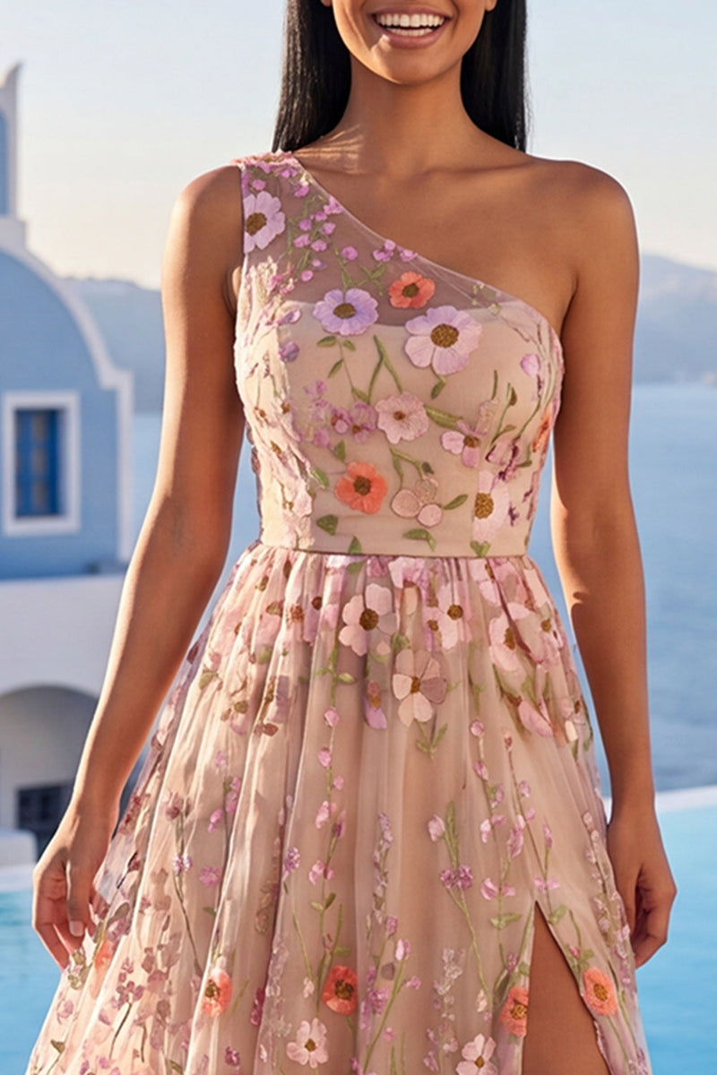 Load image into Gallery viewer, Champagne Floral One Shoulder A Line Long Formal Dress with Slit