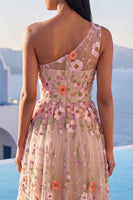 Load image into Gallery viewer, Champagne Floral One Shoulder A Line Long Formal Dress with Slit