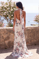 Load image into Gallery viewer, Ivory Halter Floral Ruched Backless Mermaid Long Formal Dress
