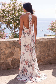 Ivory Halter Floral Ruched Backless Mermaid Long Formal Dress