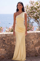 Load image into Gallery viewer, Yellow One Shoulder Mermaid Ruched Long Formal Dress