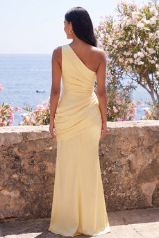 Yellow One Shoulder Mermaid Ruched Long Formal Dress