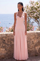 Load image into Gallery viewer, Pink Halter Backless A Line Long Formal Dress