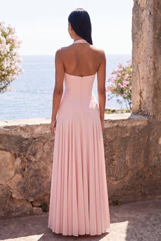 Pink Halter Backless A Line Long Formal Dress