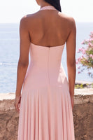 Load image into Gallery viewer, Pink Halter Backless A Line Long Formal Dress
