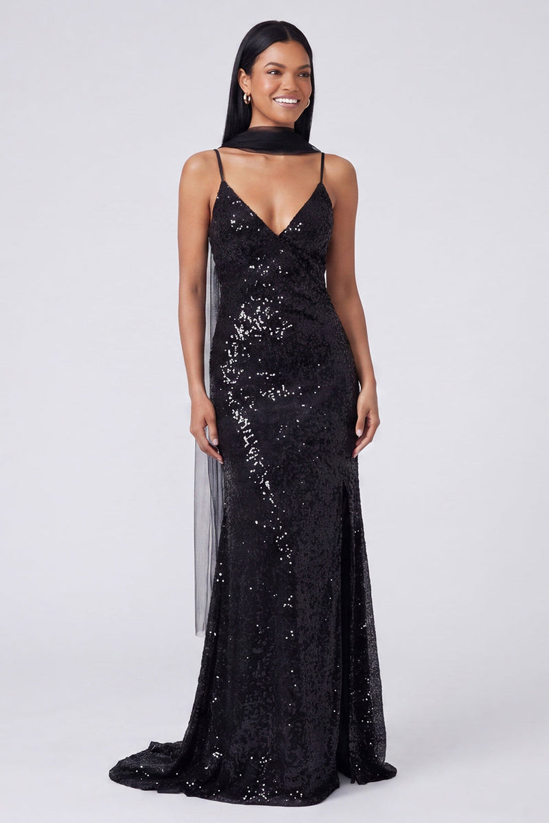 Load image into Gallery viewer, Sparkly Yellow Sequins V-Neck Mermaid Long Formal Dress with Slit