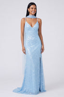 Load image into Gallery viewer, Sparkly Yellow Sequins V-Neck Mermaid Long Formal Dress with Slit