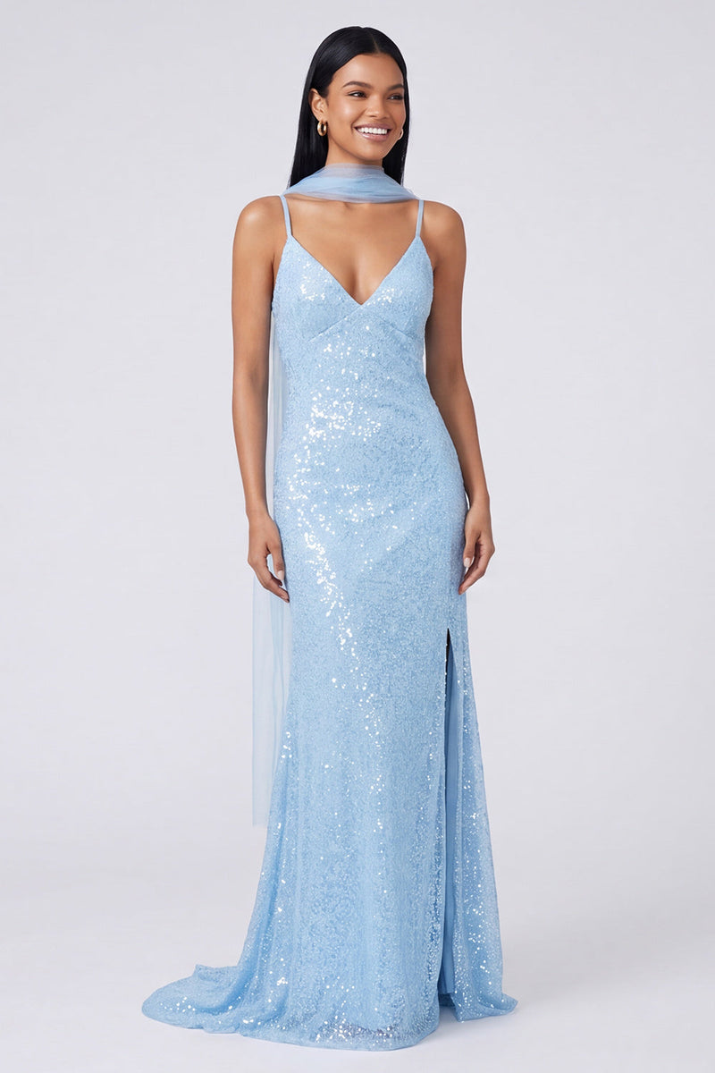Load image into Gallery viewer, Sparkly Yellow Sequins V-Neck Mermaid Long Formal Dress with Slit