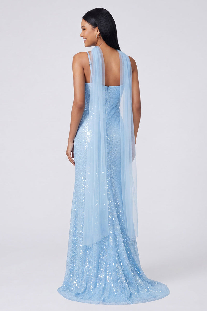 Load image into Gallery viewer, Sparkly Yellow Sequins V-Neck Mermaid Long Formal Dress with Slit