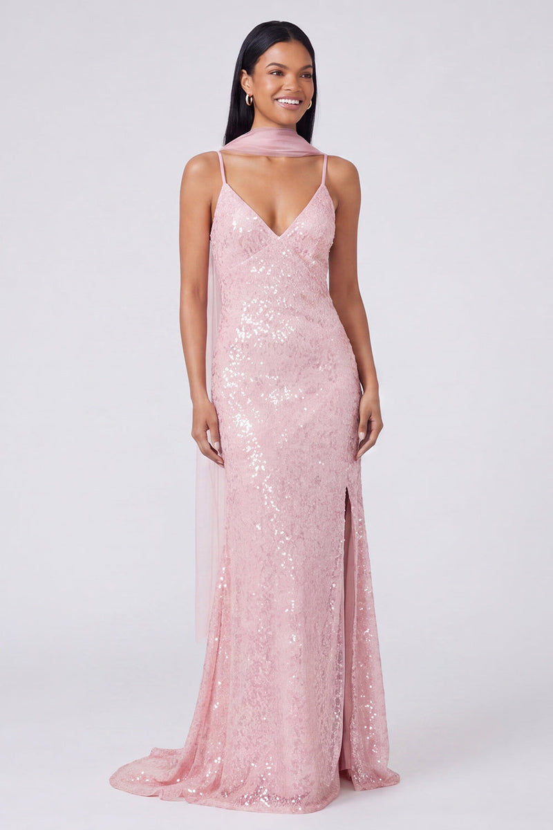 Load image into Gallery viewer, Sparkly Yellow Sequins V-Neck Mermaid Long Formal Dress with Slit