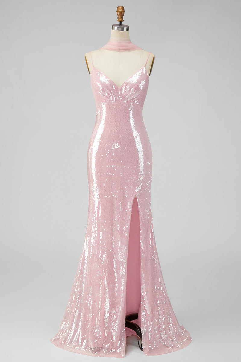 Load image into Gallery viewer, Sparkly Yellow Sequins V-Neck Mermaid Long Formal Dress with Slit