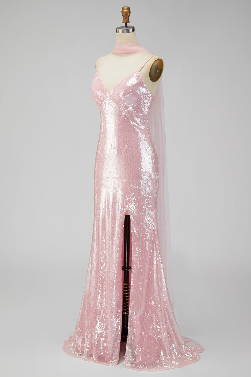 Load image into Gallery viewer, Sparkly Yellow Sequins V-Neck Mermaid Long Formal Dress with Slit