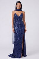 Load image into Gallery viewer, Sparkly Yellow Sequins V-Neck Mermaid Long Formal Dress with Slit