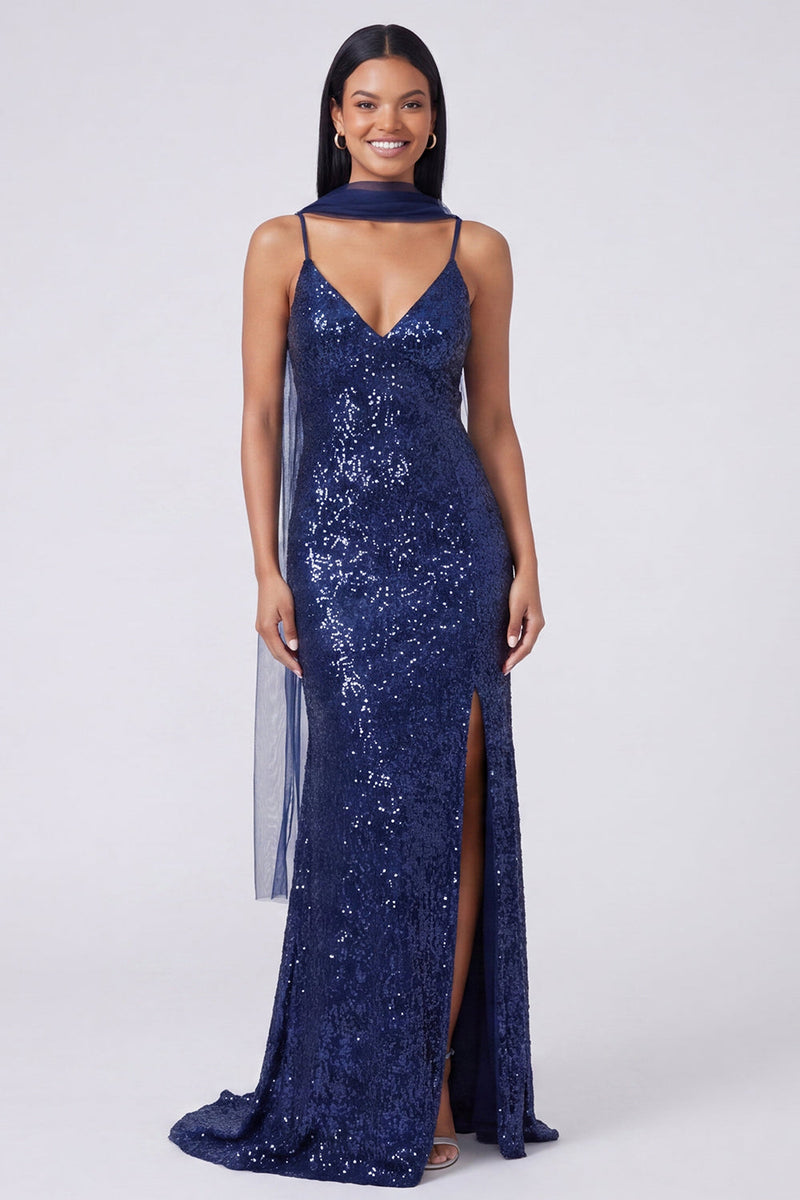 Load image into Gallery viewer, Sparkly Yellow Sequins V-Neck Mermaid Long Formal Dress with Slit