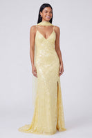 Load image into Gallery viewer, Sparkly Yellow Sequins V-Neck Mermaid Long Formal Dress with Slit