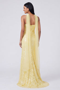 Sparkly Yellow Sequins V-Neck Mermaid Long Formal Dress with Slit