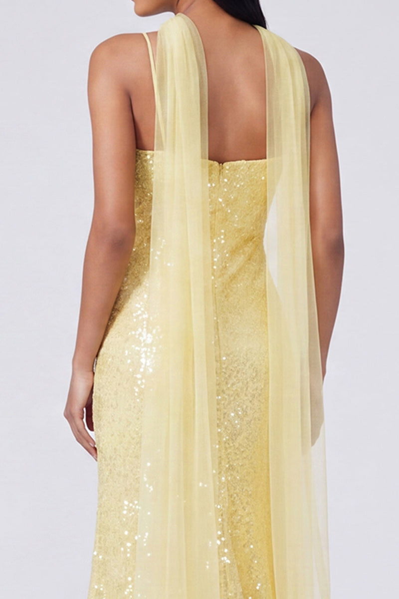 Load image into Gallery viewer, Sparkly Yellow Sequins V-Neck Mermaid Long Formal Dress with Slit