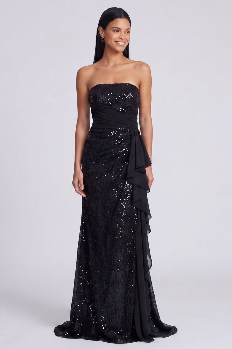 Load image into Gallery viewer, Sparkly Light Pink Strapless Mermaid Ruched Sequins Long Formal Dress with Ruffles